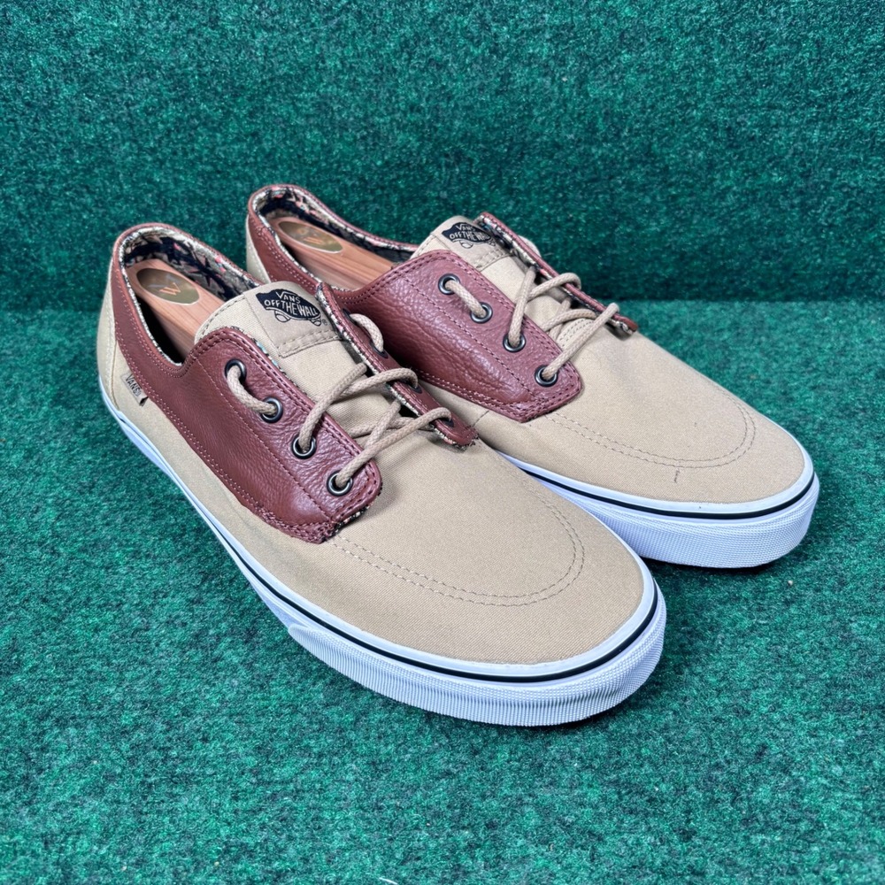 Vans Off The Wall Mens 13 Khaki Brown Leather Canvas Low Top Skate Shoes 721356